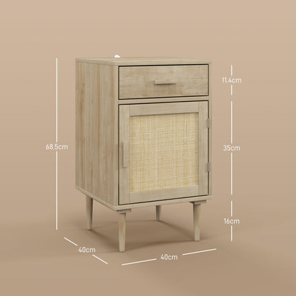 HOMCOM Bedside Tables Set of 2, Rattan Side Tables with Drawer, Cabinet and Adjustable Shelf, Boho Bedside Cabinets with Storage for Bedroom, Living Room, Natural Wood Finish