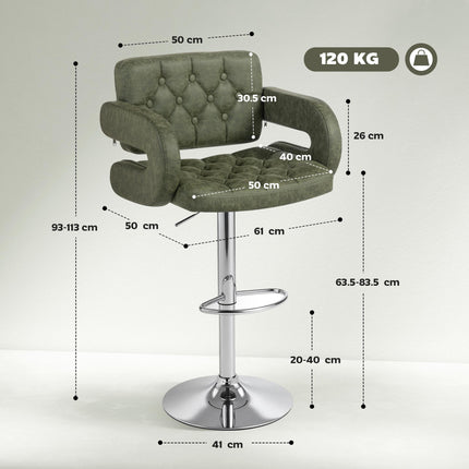 PU Leather Upholstered Swivel Bar Stool, Height Adjustable with Back, Armrest, Footrest, Green