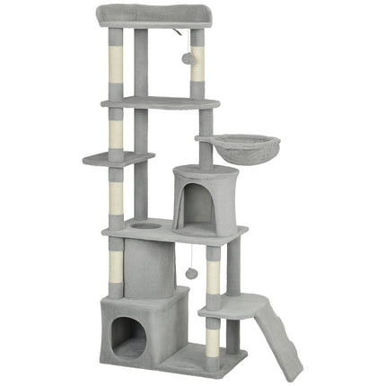 170 cm Large Cat Tree, Cat Tower with 7 Scratching Posts, 2 Condos, Hammock, Light Grey