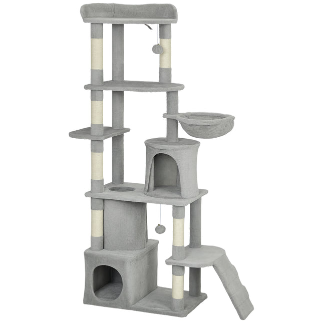 170 cm Large Cat Tree, Cat Tower with 7 Scratching Posts, 2 Condos, Hammock, Light Grey