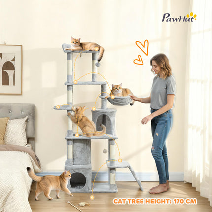 170 cm Large Cat Tree, Cat Tower with 7 Scratching Posts, 2 Condos, Hammock, Light Grey