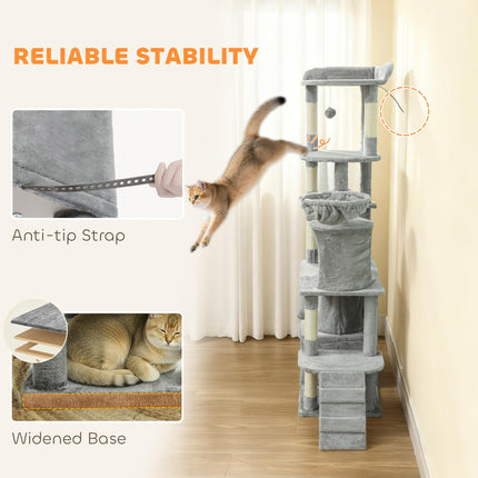 170 cm Large Cat Tree, Cat Tower with 7 Scratching Posts, 2 Condos, Hammock, Light Grey