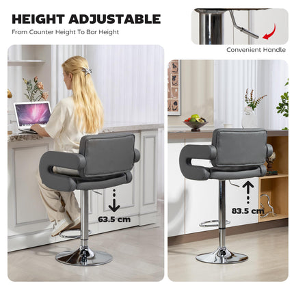 PU Leather Upholstered Swivel Bar Stool, Height Adjustable with Back, Armrest, Footrest, Grey