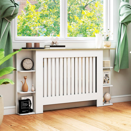 HOMCOM Radiator Cover with Open Storage Shelves, Vertical Slatted Cabinet Shelf Heater Cover for Living Room, Hallway, Large, White