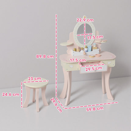 Kids Dressing Table, Girls Vanity Set with Mirror and Stool, 7 Play Accessories, Drawer, Desktop Storage, Pink