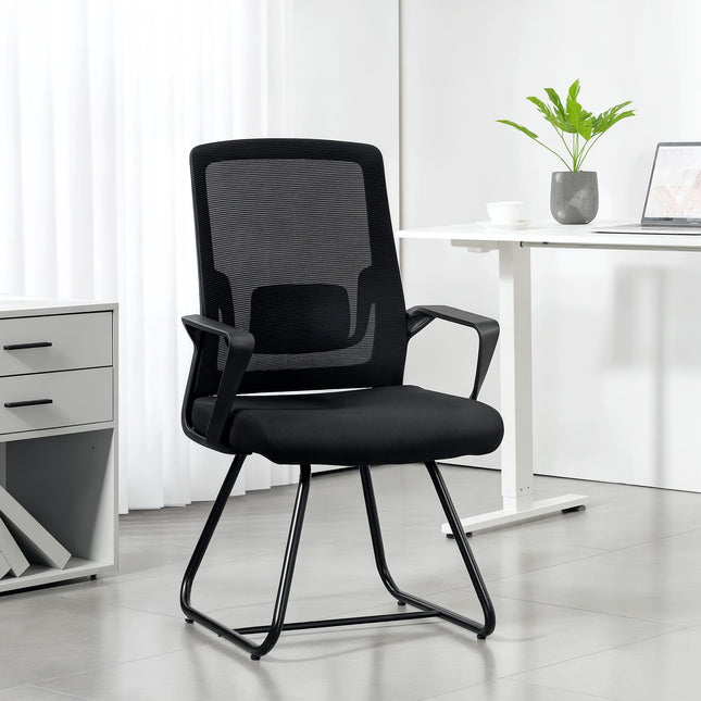 Desk Chair No Wheels, Office Chair with Mesh Back, Lumbar Support, Metal Base for Waiting Room, Conference Room, Black