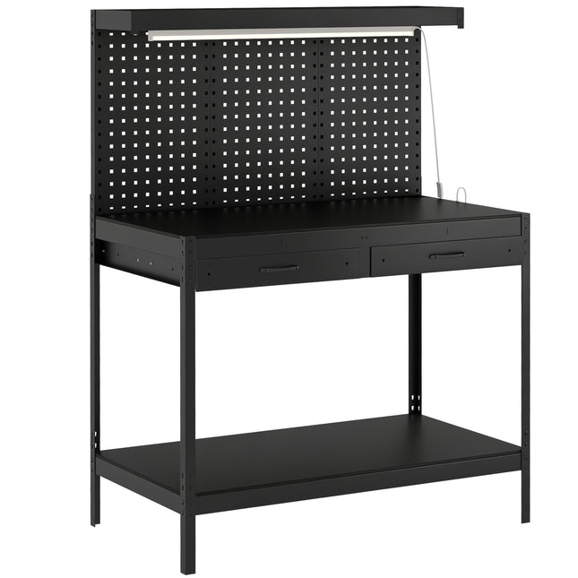110 cm Workbench with Pegboard, Heavy Duty Work Table with Power Strip and LED Light, Black