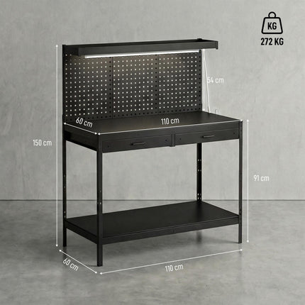 110 cm Workbench with Pegboard, Heavy Duty Work Table with Power Strip and LED Light, Black