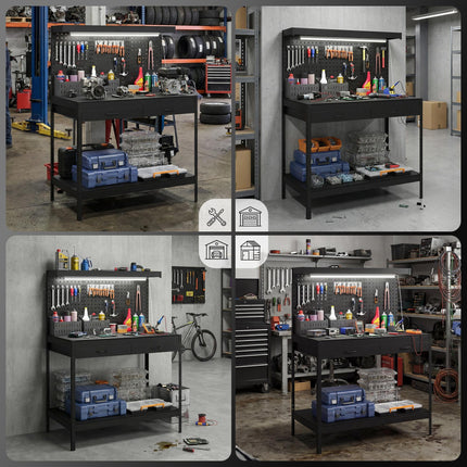 110 cm Workbench with Pegboard, Heavy Duty Work Table with Power Strip and LED Light, Black