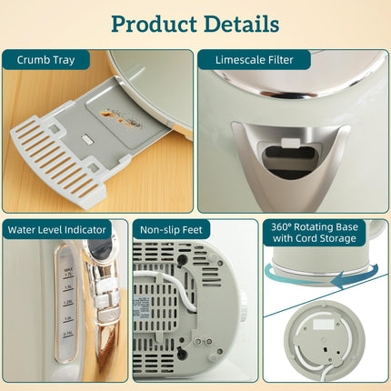 Polished Retro 40-100°C Kettle and Toaster Set - Grey