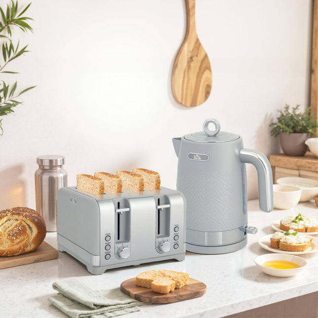 Sleek Textured Kettle and Four-Slice Toaster Set - Grey