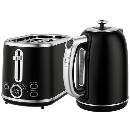Polished Retro 40-100°C Kettle and Toaster Set - Black