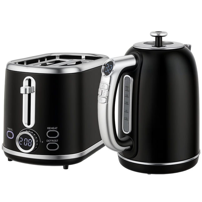 Polished Retro 40-100°C Kettle and Toaster Set - Black