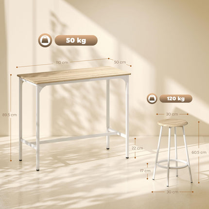5 Piece Bar Table Set for 4 with Stools, Metal Frame, Footrest for Kitchen Natural Wood