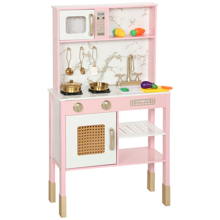 Kitchen Playset with Pretend Play Cooking Accessories, Play Kitchen with Oven, Microwave and Sink, Pink