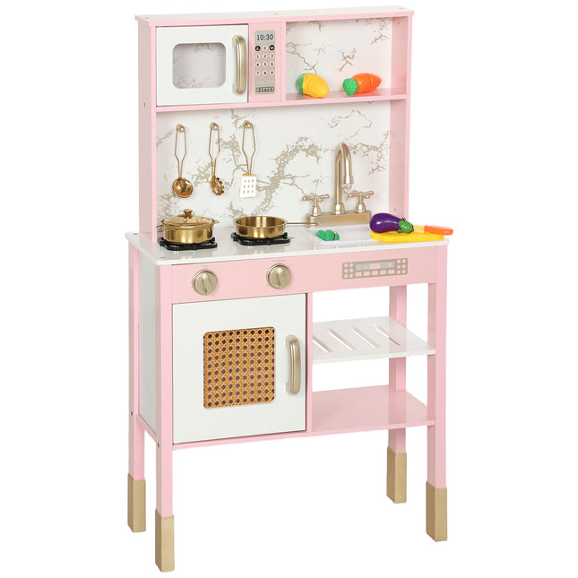 Kitchen Playset with Pretend Play Cooking Accessories, Play Kitchen with Oven, Microwave and Sink, Pink
