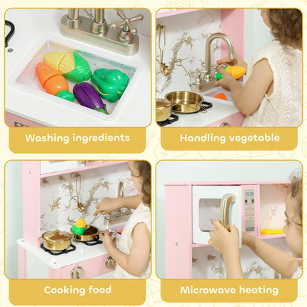 Kitchen Playset with Pretend Play Cooking Accessories, Play Kitchen with Oven, Microwave and Sink, Pink