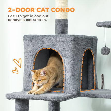 202cm Large Cat Tree with 6 Scratching Posts, 2 Hammocks, 2 Condos, 2 Perches, Pompoms, for Indoor Cats to Rest and Play