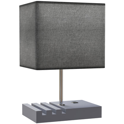 Bedside Lamp with USB A+C Charging Ports and 3 Phone Stands, Modern Table Lamp with Solid Wood Base and Fabric Shade for Bedroom Living Room Office, E27 Socket, Bulb Not Included, Grey
