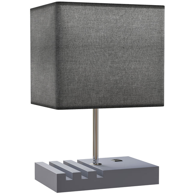 Bedside Lamp with USB A+C Charging Ports and 3 Phone Stands, Modern Table Lamp with Solid Wood Base and Fabric Shade for Bedroom Living Room Office, E27 Socket, Bulb Not Included, Grey
