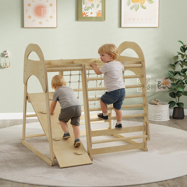 6 in 1 Kids Climbing Frame with Slide, Monkey Bars, Gymnastics Rings, Ladder, Climbing Net, for 3-6 Years, Natural Tone