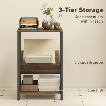 Narrow Side Table, End Table with 3-Tier Storage, V-Shaped Magazine Holder for Living Room, Bedroom, 40 x 30 x 61cm, Oak