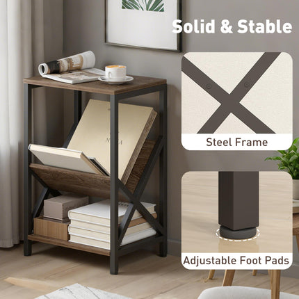 Narrow Side Table, End Table with 3-Tier Storage, V-Shaped Magazine Holder for Living Room, Bedroom, 40 x 30 x 61cm, Oak