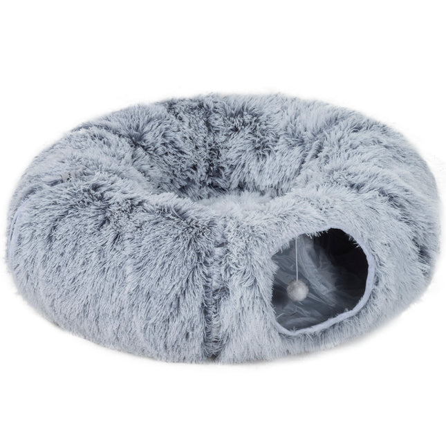 2-in-1 Donut Cat Tunnel with Washable Bed, Play Tunnel Bed with Toy Ball and Door Hole for Indoor Cats, Light Grey