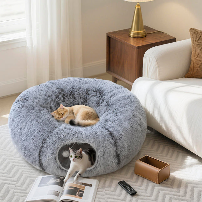 2-in-1 Donut Cat Tunnel with Washable Bed, Play Tunnel Bed with Toy Ball and Door Hole for Indoor Cats, Light Grey