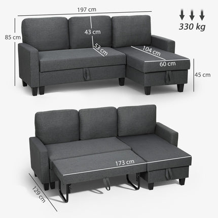 Three-Seater Storage Sofa Bed - Charcoal Grey