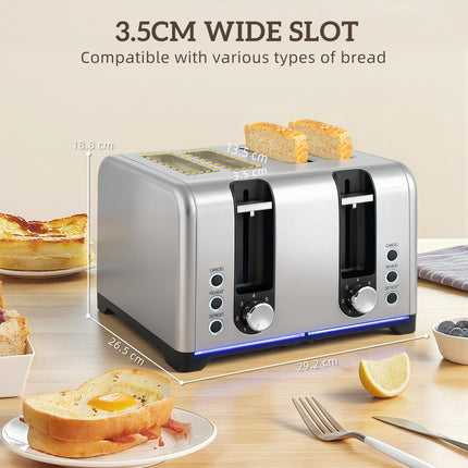 Kettle and Toaster Set, 1.7L 3000W Rapid Boil Jug Kettle with Otter Thermostat, Limescale Filter, 4 Slice Toaster with 7 Browning Controls, Crumb Tray, LED Strip, Silver Tone