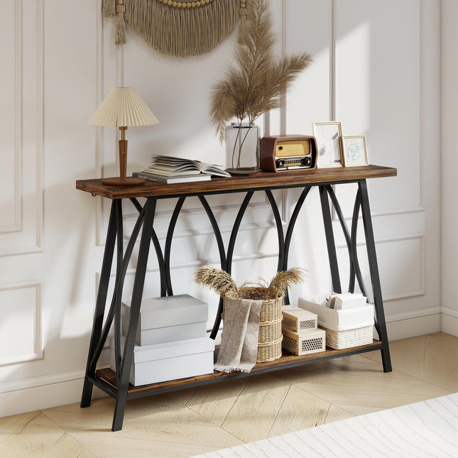Narrow Console Table, Industrial 2-Tier Sofa Table with Metal Frame for Entryway, Living Room, 120x30x80cm, Rustic Brown