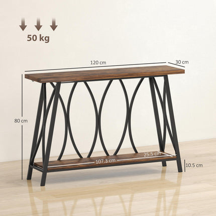 Narrow Console Table, Industrial 2-Tier Sofa Table with Metal Frame for Entryway, Living Room, 120x30x80cm, Rustic Brown