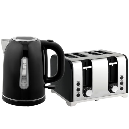 Kettle and Toaster Set, 1.7L 3000W Rapid Boil Jug Kettle with Otter Thermostat, Limescale Filter, 4 Slice Toaster with 7 Browning Controls, Crumb Tray, LED Strip, Black