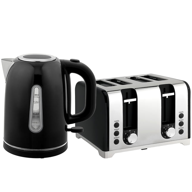 Kettle and Toaster Set, 1.7L 3000W Rapid Boil Jug Kettle with Otter Thermostat, Limescale Filter, 4 Slice Toaster with 7 Browning Controls, Crumb Tray, LED Strip, Black