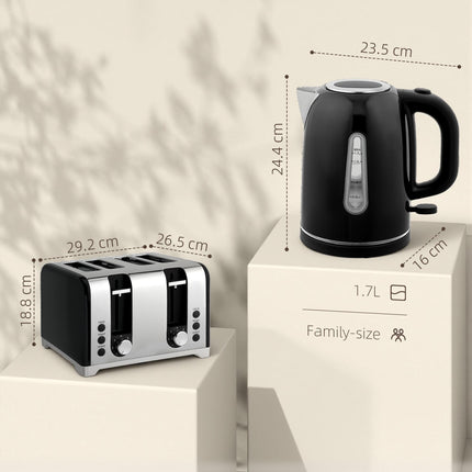 Kettle and Toaster Set, 1.7L 3000W Rapid Boil Jug Kettle with Otter Thermostat, Limescale Filter, 4 Slice Toaster with 7 Browning Controls, Crumb Tray, LED Strip, Black