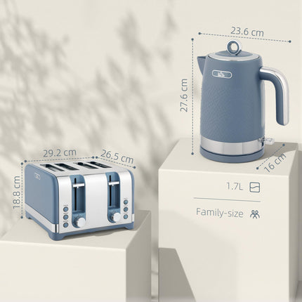 Sleek Textured Kettle and Four-Slice Toaster Set - Blue