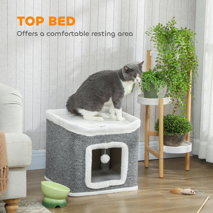 Cat House for Indoor Kittens, 2-Level Cat Cave Bed with Fluffy Balls, Top Bed, Kitten Barrel for Multi Kitties, Grey