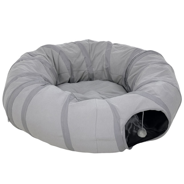 2 in 1 Cat Tunnel with Bed, Cat Play Tunnel with Ball & Peek Hole for Indoor Cats, Grey