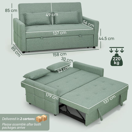 Three-Way 2 Seater Sofa Bed with Three-position back and Two Soft Pillows - Gree