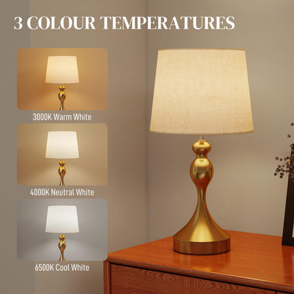 Dimmable Bedside Lamps Set of 2, Modern Table Lamps with 3 Colour Temperatures, USB A+C Charging Ports and Linen Shade for Living Room Bedroom Office, Gold Tone