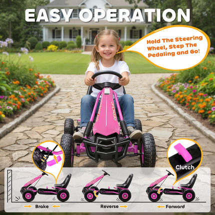 Kids Pedal Go Kart with Adjustable Seat, EVA Tyres, Manual Clutch, Brake, Go Kart for Kids 3-8 Years, Pink