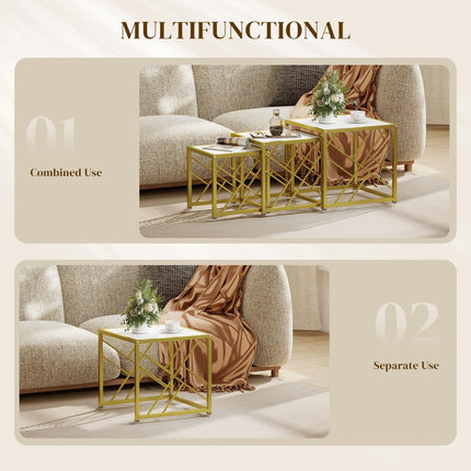 Nesting Coffee Tables, Set of 3 Square Side Tables with Black Metal Frame, for Living Room, Bedroom and Office, White