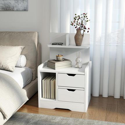 Bedside Table with 2 Drawers and Open Shelves - High Gloss White