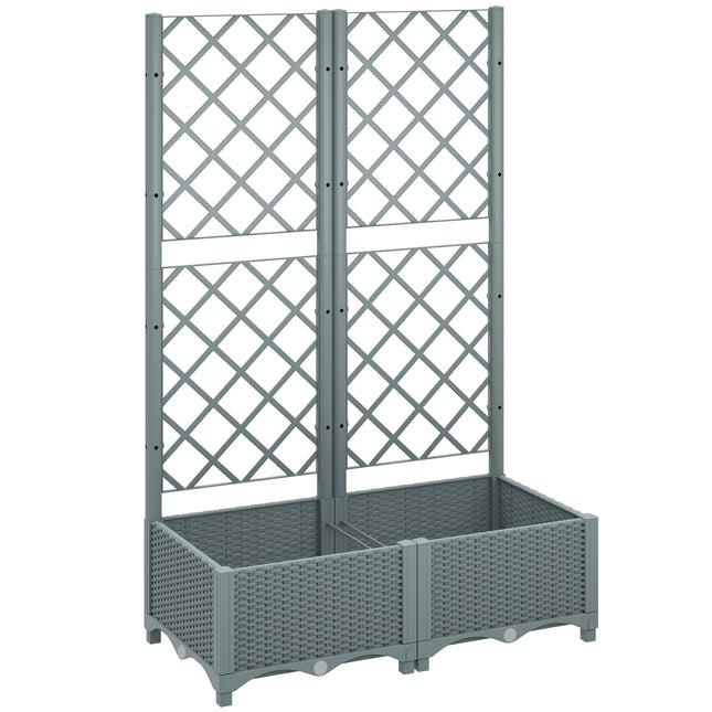 Raised Garden Bed with Trellis, Plastic Planter Box with Drainage Holes, Drain Plugs and Water Reservoirs for Climbing Plants, Vegetables, Flowers, Grey