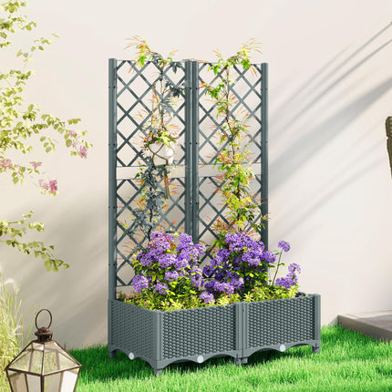 Raised Garden Bed with Trellis, Plastic Planter Box with Drainage Holes, Drain Plugs and Water Reservoirs for Climbing Plants, Vegetables, Flowers, Grey
