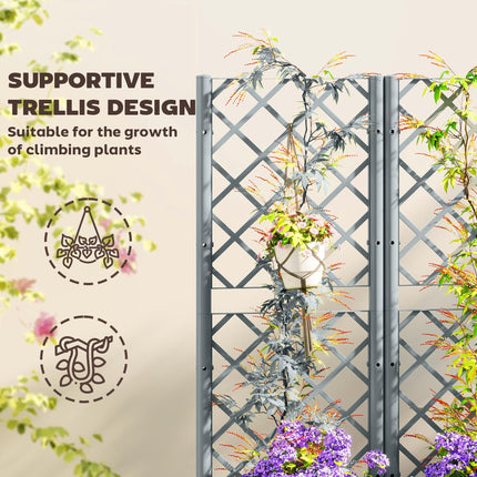 Raised Garden Bed with Trellis, Plastic Planter Box with Drainage Holes, Drain Plugs and Water Reservoirs for Climbing Plants, Vegetables, Flowers, Grey