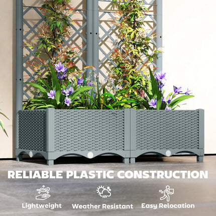 Raised Garden Bed with Trellis, Plastic Planter Box with Drainage Holes, Drain Plugs and Water Reservoirs for Climbing Plants, Vegetables, Flowers, Grey