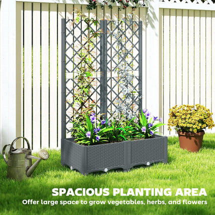 Raised Garden Bed with Trellis, Plastic Planter Box with Drainage Holes, Drain Plugs and Water Reservoirs for Climbing Plants, Vegetables, Flowers, Grey