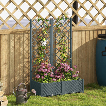 Raised Garden Bed with Trellis, Plastic Planter Box with Drainage Holes, Drain Plugs and Water Reservoirs for Climbing Plants, Vegetables, Flowers, Grey
